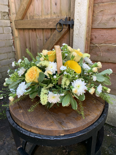 Basket SYM-347 - A basket arrangement made using yellow and white flowers.