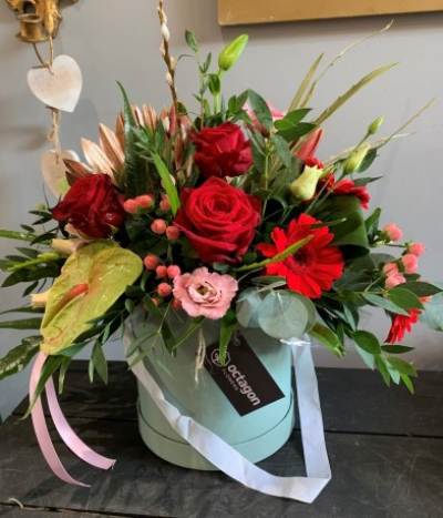 Swept off my feet - Designer hat box, red roses and mix of other flowers