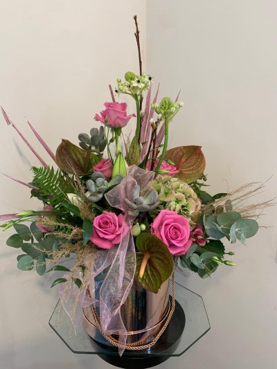 Modern Hatbox - Beautiful hat box modern arrangement tropical flowers with succulents. Subject to availability