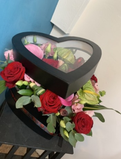 Heart Hatbox - Heart Hatbox of mixed flowers to include red roses