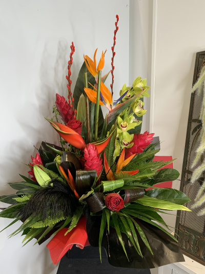 Florist choice exotic box - Front facing arrangement of seasonal tropical flowers selected by the florist. Please content will vary depending on availability and season.