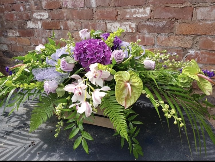 Contemporary Green & Lilac Double ended Casket spray